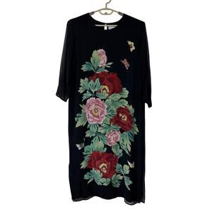 Simply Silk Midi Maxi Dress Black Floral Butterfly Large